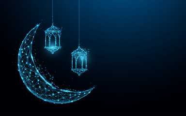 Crescent moon with hanging lamps Islamic Festival concept form lines and triangles, point connecting network on blue background. Illustration vector - obrazy, fototapety, plakaty