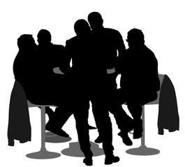 Many people sitting and talking vector silhouette illustration. Group of friends drinking in bar after work. Poker event. Night club guests. Men shadows. Senior friends on dating.