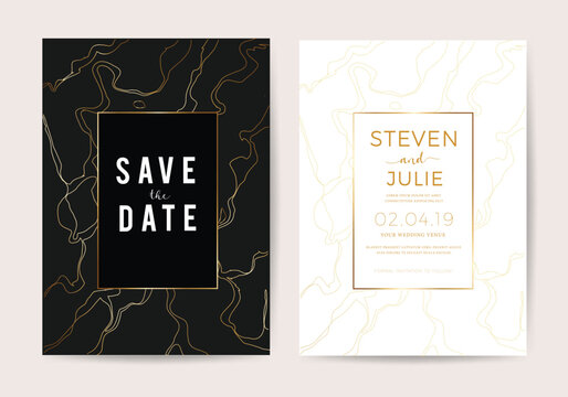 Wedding Invitation cards with black marble texture and gold line vector