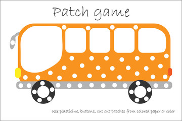 Education Patch game bus for children to develop motor skills, use plasticine patches, buttons, colored paper or color the page, kids preschool activity, printable worksheet, vector illustration