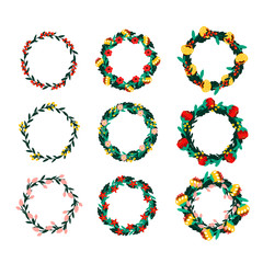 Vector doodle set of colorful flower wreath. Isolated frame decoration with flowers, leaves and blossoms on white background.