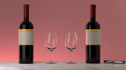 Two bottles of red wine with an elegant blank empty label to put your own logo,  two glasses and a twist and pull opener on a marble table, isolated, pink background 