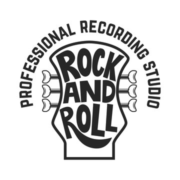 Recording studio. Guitar head with lettering. Rock and roll. Design element for logo, label, emblem, sign.