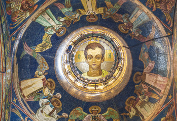 Interior of the Savior on Blood. Mosaic of South-Eastern dome "Spas Emmanuel", Christ in adolescence, St. Petersburg, Russia