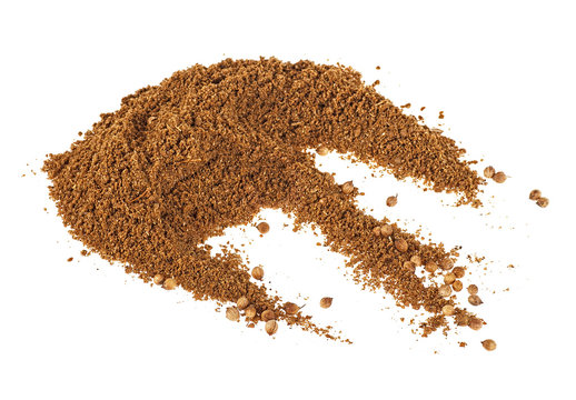 Indian spices, coriander powder and seeds on a white background.