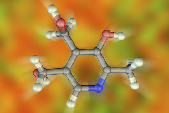 Molecular model of vitamin B6, pyridoxine, 3D illustration. It plays role in synthesis of amino acids, neurotransmitters such as serotonin and norepinephrine, aminolevulinic acid, sphingolipids