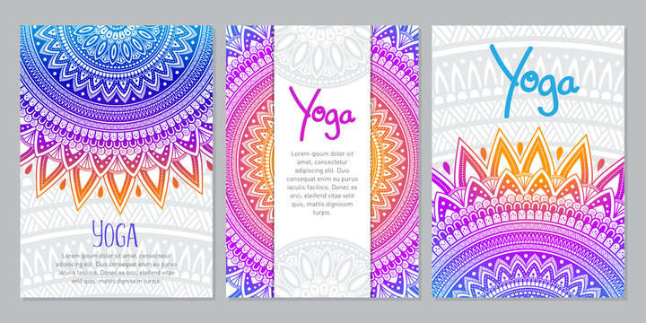 Oriental ethnic Mandala ornament banner set. Templates with doodle tribal mandalas. Vector illustration for cards, invitation, banners and print. 