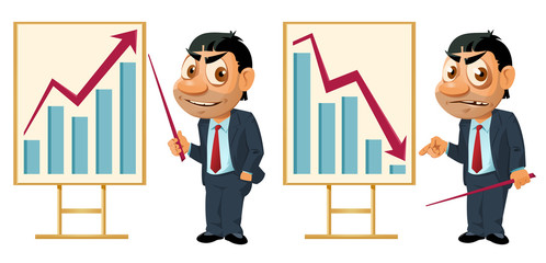 Business graph. Growth or fall. Funny businessman making a presentation. Elements is grouped. No transparent objects. On white background.