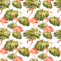 Watercolor Seamless Pattern. Hand Painted Illustration of Tropical Leaves and Flowers. Tropic Summer Motif with Tropical Pattern.