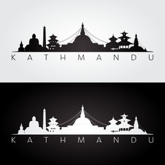 Kathmandu skyline and landmarks silhouette, black and white design, vector illustration. - obrazy, fototapety, plakaty