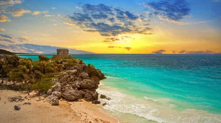 Washable wall murals Mexico Caribbean beach at the cliff in Tulum at sunset, Mexico