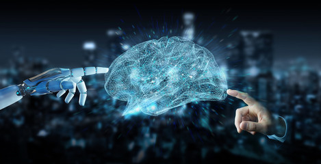 White humanoid hanid creating artificial intelligence 3D rendering