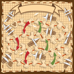 Board game on the old map. View from above. Vector illustration.