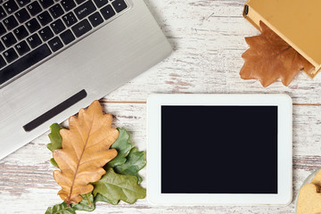 Modern tablet. Gray notebook. Book with bookmark