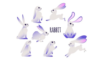 Naklejka premium Cartoon rabbit with ultraviolet ears and legs with different face emotions and poses set isolated on white background. Vector illustration of cute furry bunny character.