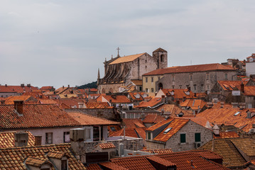 Red roofs and port of Dubrovnik from the old town walls, Croatia