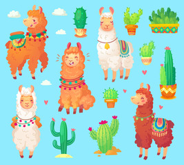 Mexican cartoon cute alpaca lama with white wool. Peru desert llama and cactus isolated. Funny animals vector set © Tartila