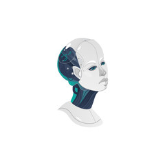 Female cyborg head icon. Woman with modern technology digital mechanical brain, artificial intelligence deep machine learning, big data concept. Isolated vector cartoon illustration