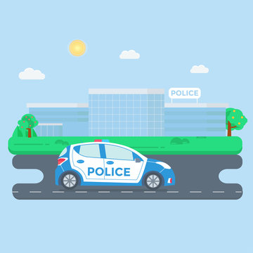 Police patrol on a road with police car, officer, modern building