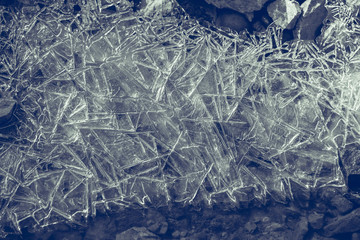 Texture blue cool transparent ice in the puddle