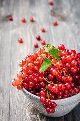 Red currant berries in a bowl on old wooden table. Selective focus, space for text.