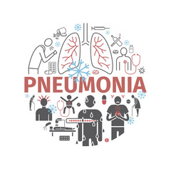 Pneumonia banner. Symptoms, Treatment. Line icons. Vector infographics.