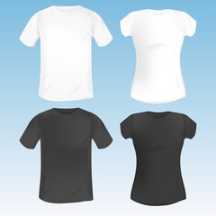 vector set of female and male t-shirt template. black and white. realistic mock up