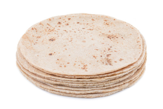 Indian Traditional Cuisine Chapati Also Know as Roti, Fulka, Paratha, Indian Bread, Flatbread, Whole Wheat Flat Bread, Chapathi, Wheaten Flat Bread, Chapatti, Chappathi or Kulcha on White Background