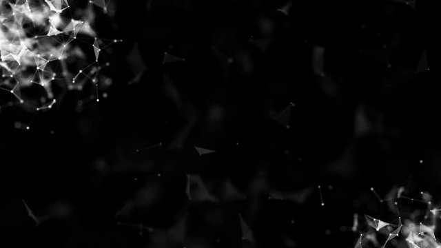 The accumulation of interacting particles in the corners of the screen. plexus business cinematic background. Depth of field. Place for text. Black background. Seamless loop.