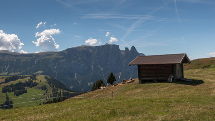 Fototapeta na wymiar Berghütte, Blick auf den Schlern auf der berühmten Seiseralm,