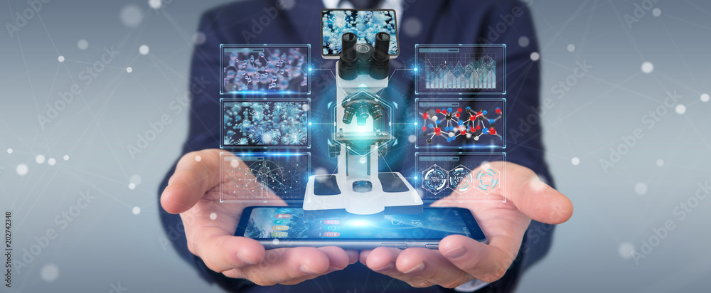 Aufkleber Businessman using modern microscope with digital analysis 3D rendering