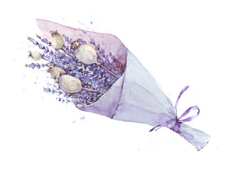 watercolor illustration of a bouquet of lavender, Provence, herbs, vintage card