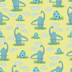 Herbivorous dinosaur and egg in the grass on a yellow background. Seamless pattern.  Hand-drawn DIPODOK. Vector illustration. Design for children's textiles, background image for packaging materials.