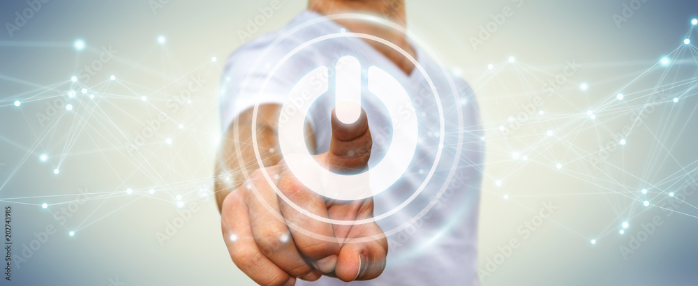 Aufkleber Businessman using 3D render power button with connections