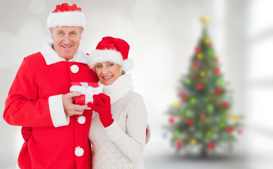 Festive mature couple holding gift against blurry christmas tree in room
