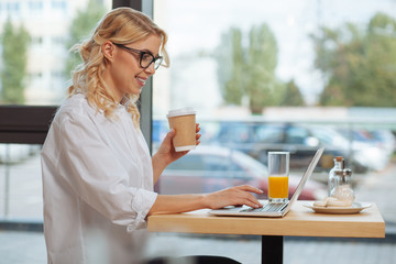 Joyful successful woman using a laptop