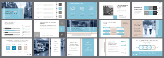 Template of white, blue and grey slides for presentation - obrazy, fototapety, plakaty