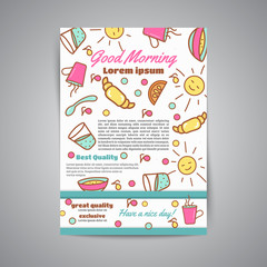 Wake up slogan on brochure. Breakfast menu for cafe illustration. Always fresh text. Cafe, bakery concept. Coffeee and tea time. Vector