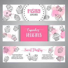 Cupcake banners with handdrawn cupcakes and pink splashes. Sweet pastry slogan. Vector