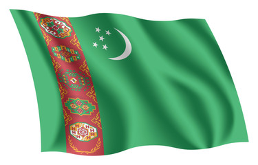 Turkmenistan flag. Isolated national flag of Turkmenistan. Waving flag of Turkmenia. Fluttering textile turkmen flag.