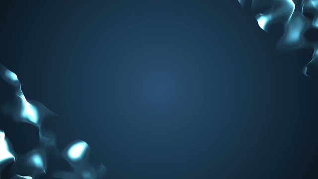 Smoothly flowing waves in the corners of the screen. Business cinematic background. Place for text. Dark blue background. Seamless loop.