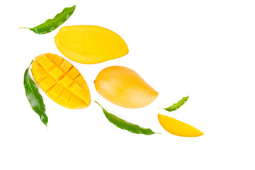 Mango and leaves flat lay on isolated white background, top view