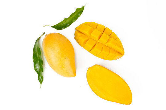 Mango with leaf pattern, flat lay isolated white background, top view