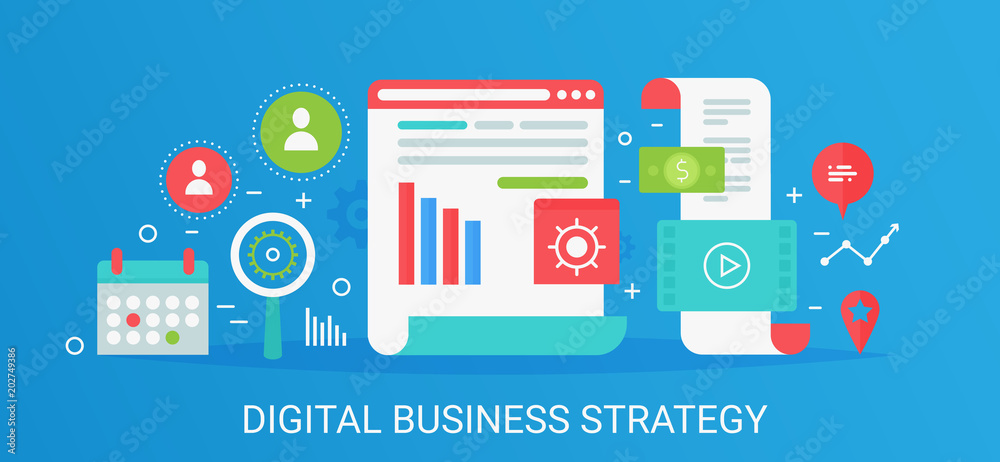 Aufkleber flat modern vector concept digital business strategy banner with icons and text.