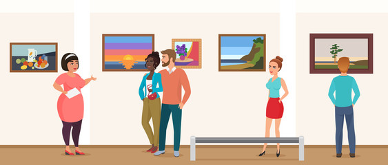 Museum visitors people in art exhibition gallery museum taking tour with guide and looking pictures photos vector illustration.