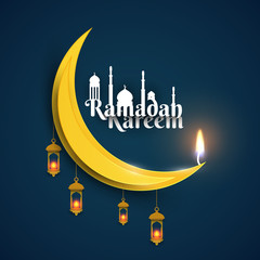 Ramadan kareem islamic beautiful design template. Composition with moon in paper cut style. Background for greeting card, banner, cover or poster. Vector illustration. EPS 10.