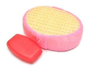 Sponge for bath and pink soap isolated on white background