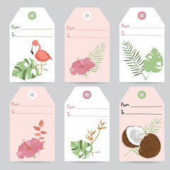 Tag and lable with flamingo,coconut,leaf and hibiscus and flower