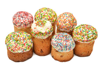 Beautifully decorated easter cakes isolated on white background. Flat lay, top view. Spring