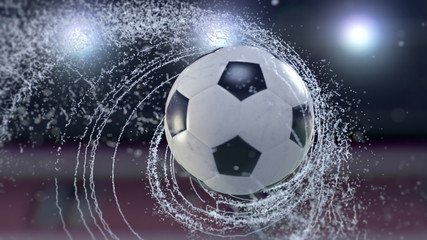 Fototapeta premium Soccer ball flies emitting whirl of water drops, 3d illustration